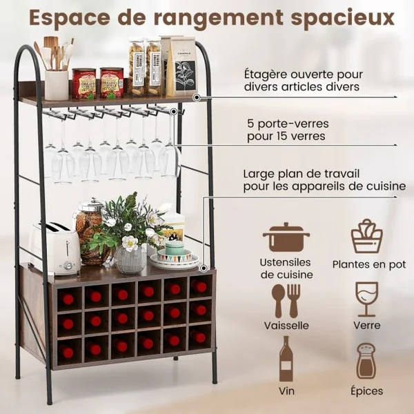 Casier à Vin 18 Bouteilles 5 Rangées de Porte-gobelets Dispositif Anti-basculement 2 Étagères Hauteur de 115CM Café