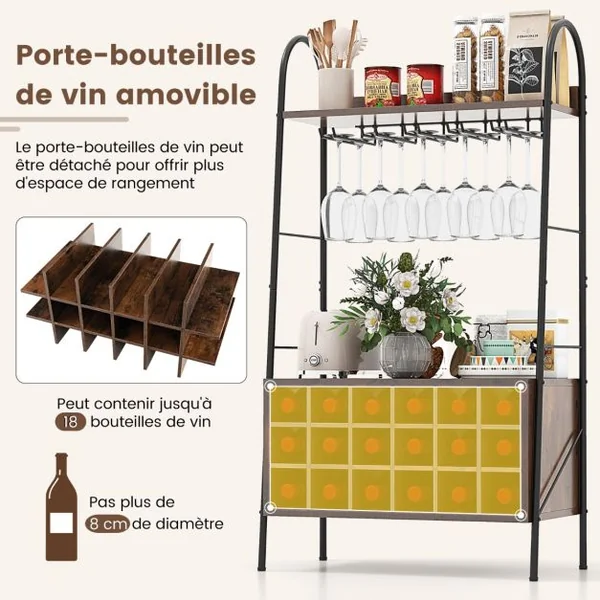 Casier à Vin 18 Bouteilles 5 Rangées de Porte-gobelets Dispositif Anti-basculement 2 Étagères Hauteur de 115CM Café