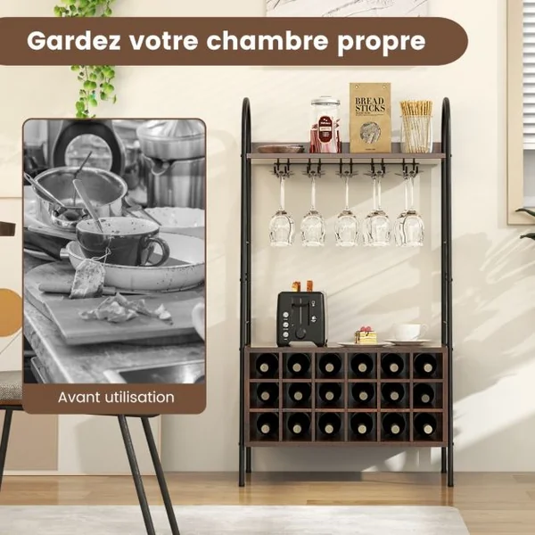 Casier à Vin 18 Bouteilles 5 Rangées de Porte-gobelets Dispositif Anti-basculement 2 Étagères Hauteur de 115CM Café