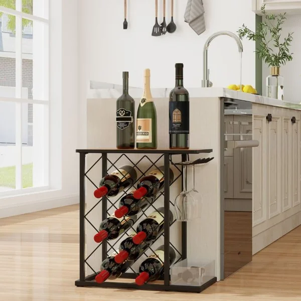 Casier à Vin de Comptoir Support à Vin en Bois avec Cadre en Métal et Rangement pour 8 Bouteilles de Vin et 3 Verres Marron