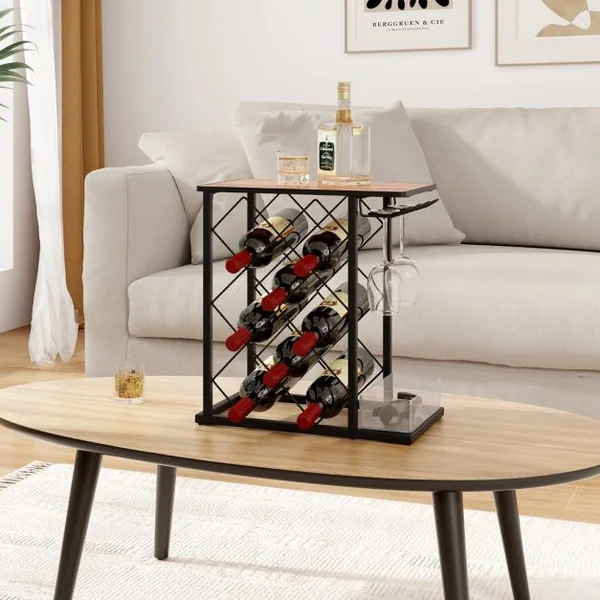 Casier à Vin de Comptoir Support à Vin en Bois avec Cadre en Métal et Rangement pour 8 Bouteilles de Vin et 3 Verres Marron