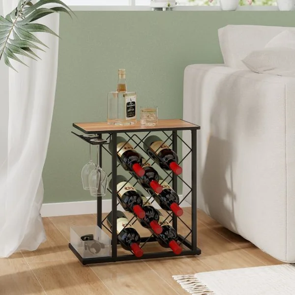 Casier à Vin de Comptoir Support à Vin en Bois avec Cadre en Métal et Rangement pour 8 Bouteilles de Vin et 3 Verres Marron