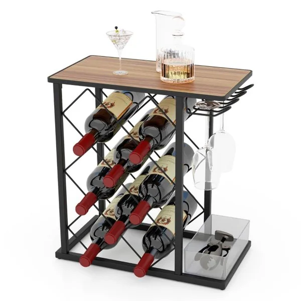 Casier à Vin de Comptoir Support à Vin en Bois avec Cadre en Métal et Rangement pour 8 Bouteilles de Vin et 3 Verres Marron