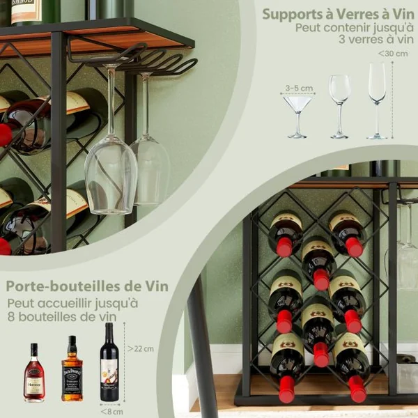 Casier à Vin de Comptoir Support à Vin en Bois avec Cadre en Métal et Rangement pour 8 Bouteilles de Vin et 3 Verres Marron