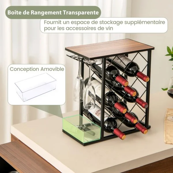 Casier à Vin de Comptoir Support à Vin en Bois avec Cadre en Métal et Rangement pour 8 Bouteilles de Vin et 3 Verres Marron