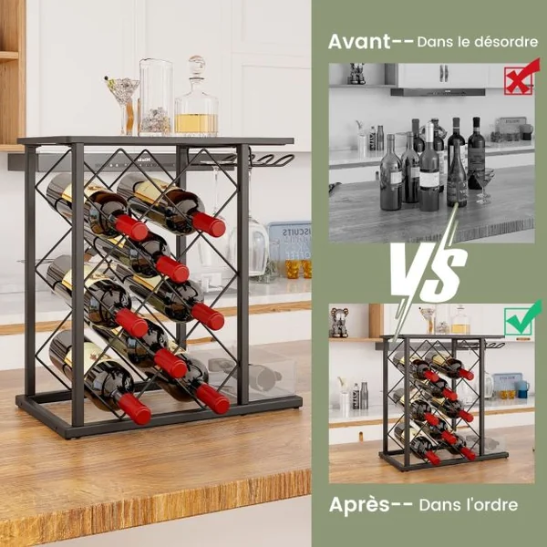 Casier à Vin de Comptoir Support à Vin en Bois avec Cadre en Métal et Rangement pour 8 Bouteilles de Vin et 3 Verres Marron