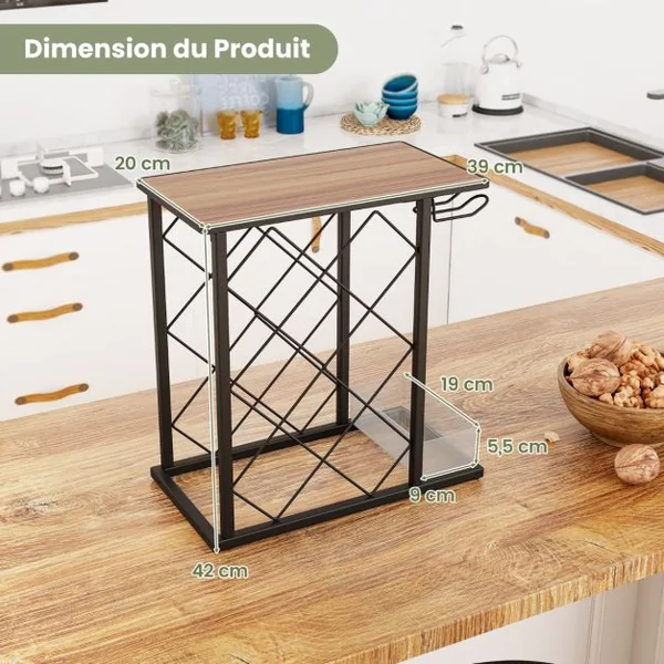 Casier à Vin de Comptoir Support à Vin en Bois avec Cadre en Métal et Rangement pour 8 Bouteilles de Vin et 3 Verres Marron