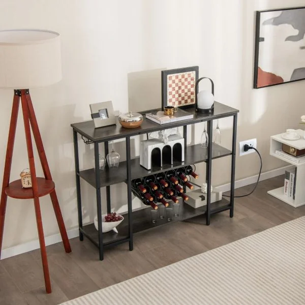 Casier à Vin de Style Industriel avec 1 Comptoir et 2 Étagères de Rangement Porte-verre Casiers à Bouteilles Prises De Courant Étagère Café/Gris