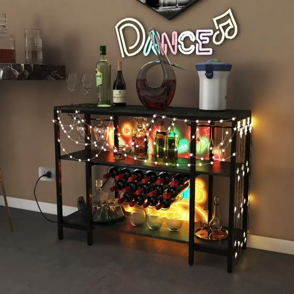 Casier à Vin de Style Industriel avec 1 Comptoir et 2 Étagères de Rangement Porte-verre Casiers à Bouteilles Prises De Courant Étagère Café/Gris