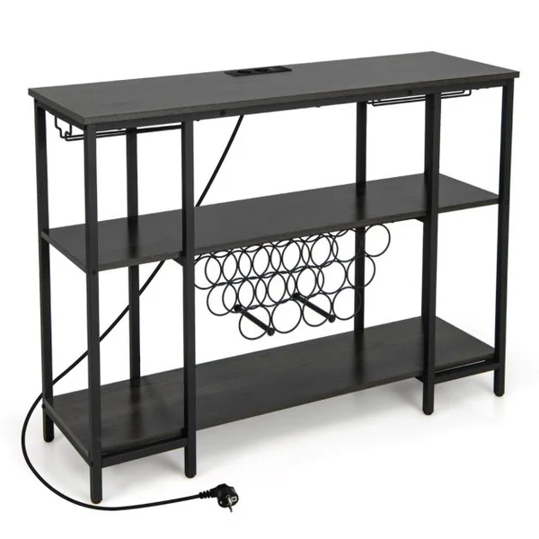 Casier à Vin de Style Industriel avec 1 Comptoir et 2 Étagères de Rangement Porte-verre Casiers à Bouteilles Prises De Courant Étagère Café/Gris