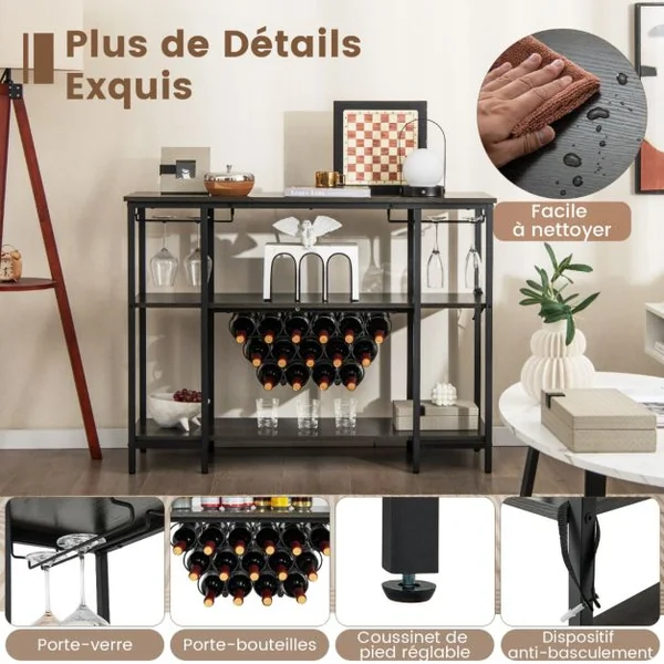 Casier à Vin de Style Industriel avec 1 Comptoir et 2 Étagères de Rangement Porte-verre Casiers à Bouteilles Prises De Courant Étagère Café/Gris
