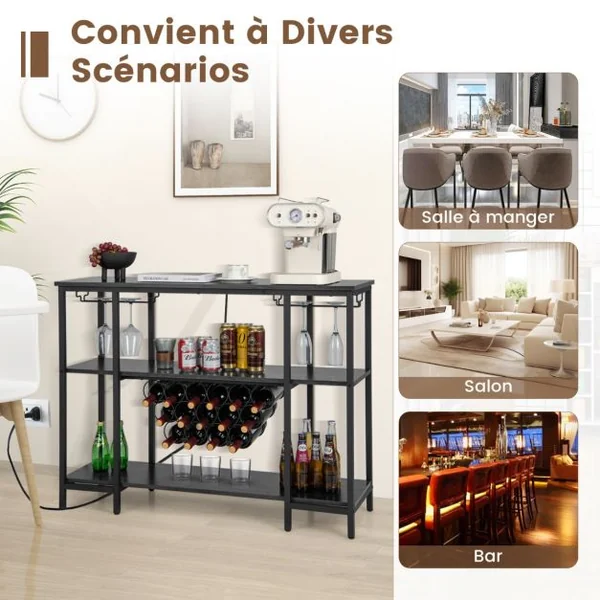 Casier à Vin de Style Industriel avec 1 Comptoir et 2 Étagères de Rangement Porte-verre Casiers à Bouteilles Prises De Courant Étagère Café/Gris