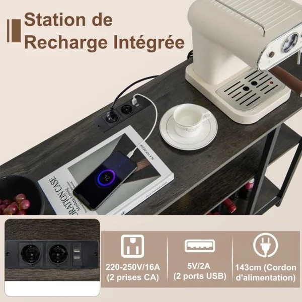 Casier à Vin de Style Industriel avec 1 Comptoir et 2 Étagères de Rangement Porte-verre Casiers à Bouteilles Prises De Courant Étagère Café/Gris