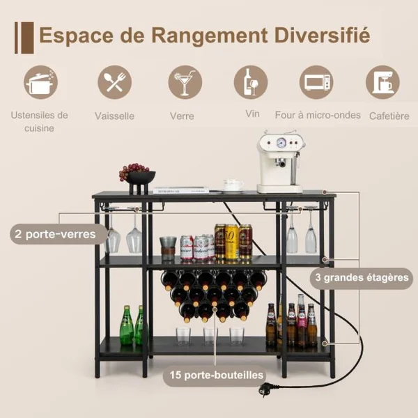 Casier à Vin de Style Industriel avec 1 Comptoir et 2 Étagères de Rangement Porte-verre Casiers à Bouteilles Prises De Courant Étagère Café/Gris