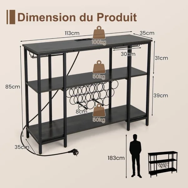 Casier à Vin de Style Industriel avec 1 Comptoir et 2 Étagères de Rangement Porte-verre Casiers à Bouteilles Prises De Courant Étagère Café/Gris