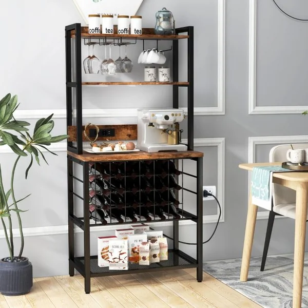Casier à Vin de Style Industriel avec 4 Étagères de Rangement Porte-verre Casiers à Bouteilles Prises de Courant Étagère Industrielle Café