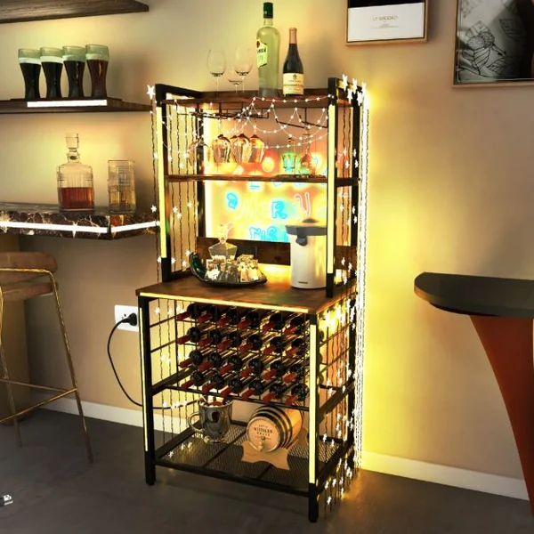 Casier à Vin de Style Industriel avec 4 Étagères de Rangement Porte-verre Casiers à Bouteilles Prises de Courant Étagère Industrielle Café