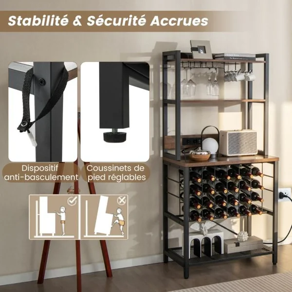 Casier à Vin de Style Industriel avec 4 Étagères de Rangement Porte-verre Casiers à Bouteilles Prises de Courant Étagère Industrielle Café