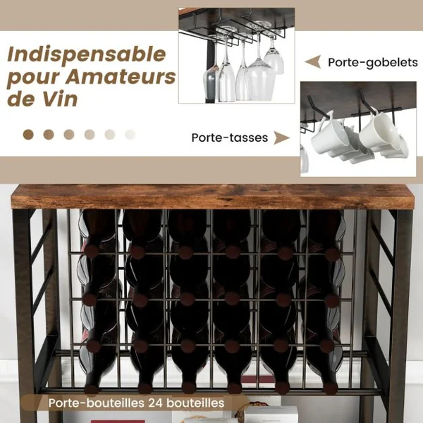Casier à Vin de Style Industriel avec 4 Étagères de Rangement Porte-verre Casiers à Bouteilles Prises de Courant Étagère Industrielle Café
