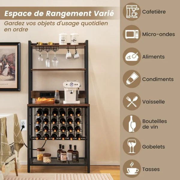 Casier à Vin de Style Industriel avec 4 Étagères de Rangement Porte-verre Casiers à Bouteilles Prises de Courant Étagère Industrielle Café
