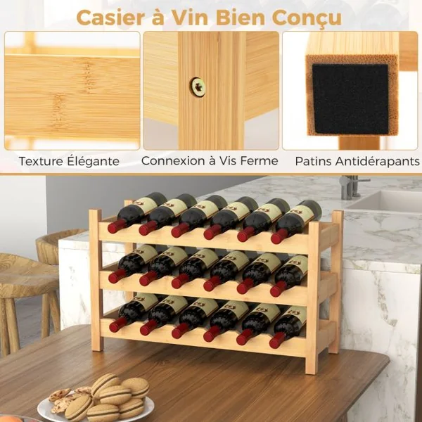 Casier à Vin en Bambou à 3 Niveaux Support de Vin pour 18 Bouteilles avec Fente Ondulée Organisateur de Bouteilles de Vin sur Pied Naturel