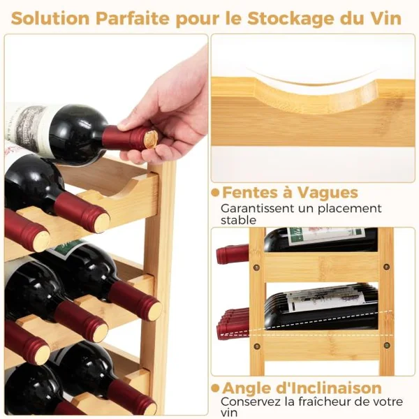 Casier à Vin en Bambou à 3 Niveaux Support de Vin pour 18 Bouteilles avec Fente Ondulée Organisateur de Bouteilles de Vin sur Pied Naturel