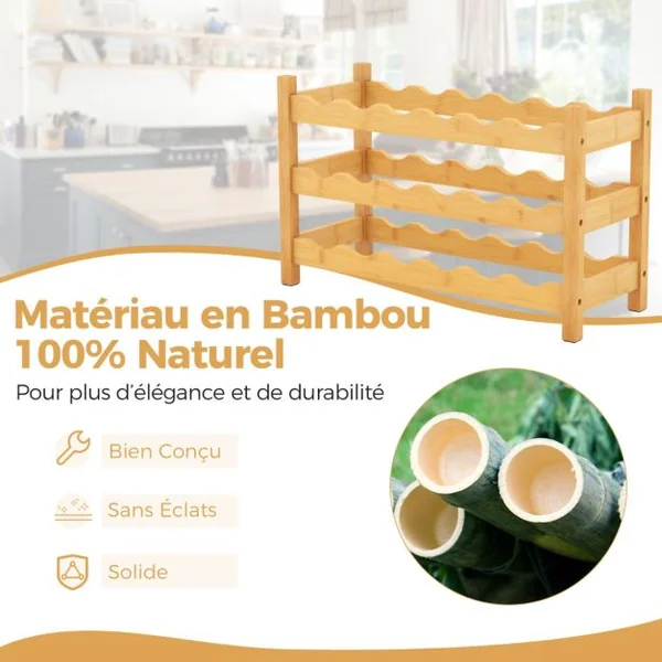 Casier à Vin en Bambou à 3 Niveaux Support de Vin pour 18 Bouteilles avec Fente Ondulée Organisateur de Bouteilles de Vin sur Pied Naturel