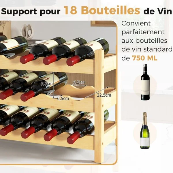 Casier à Vin en Bambou à 3 Niveaux Support de Vin pour 18 Bouteilles avec Fente Ondulée Organisateur de Bouteilles de Vin sur Pied Naturel