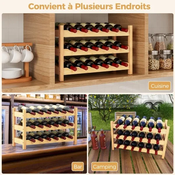 Casier à Vin en Bambou à 3 Niveaux Support de Vin pour 18 Bouteilles avec Fente Ondulée Organisateur de Bouteilles de Vin sur Pied Naturel