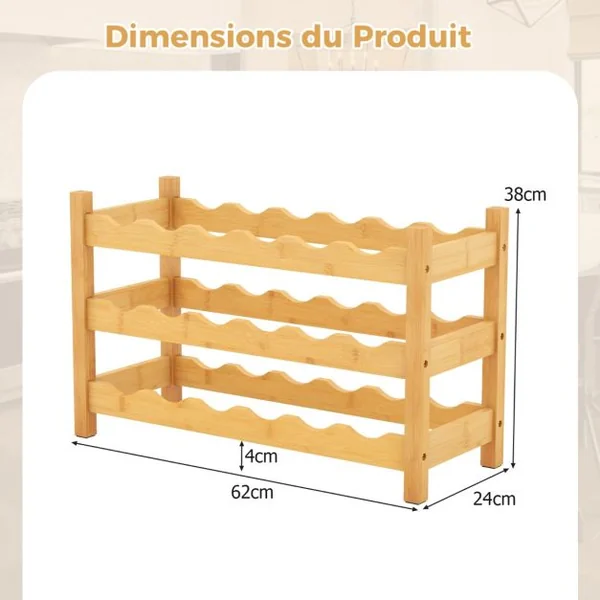 Casier à Vin en Bambou à 3 Niveaux Support de Vin pour 18 Bouteilles avec Fente Ondulée Organisateur de Bouteilles de Vin sur Pied Naturel