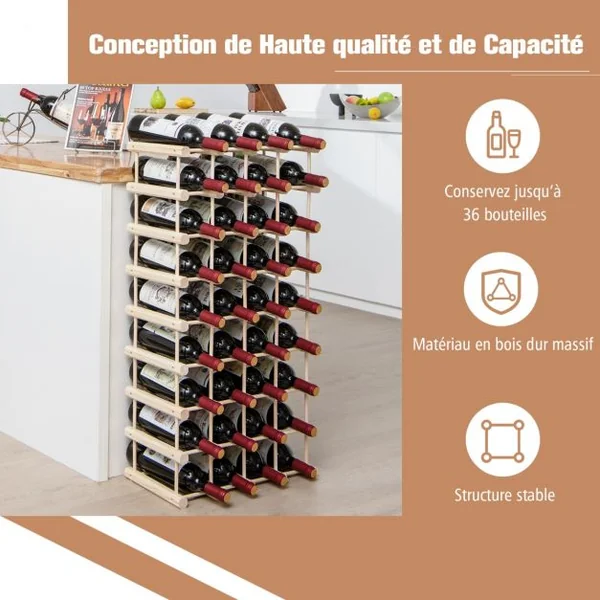 Casier à Vin en Bois avec Structure Stable en Bois Massif pour Cuisine Garde-manger Cave à Vin Bar