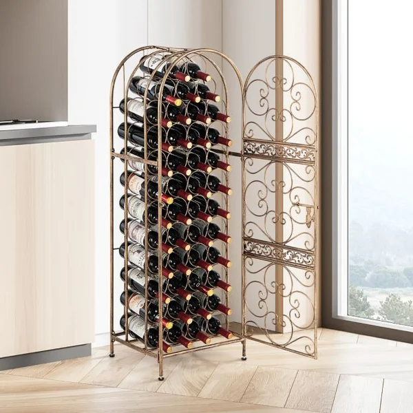 Casier à Vin Forgé sur Pied pour 45 Bouteilles avec Porte à Loquet 41,5 x 37 x 123 cm Pieds réglables Bronze Antique