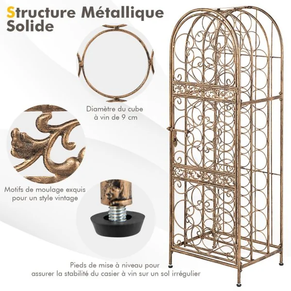 Casier à Vin Forgé sur Pied pour 45 Bouteilles avec Porte à Loquet 41,5 x 37 x 123 cm Pieds réglables Bronze Antique