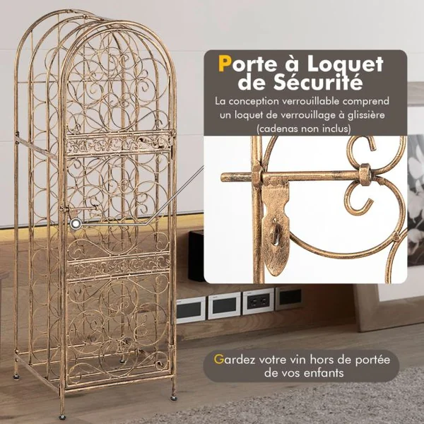 Casier à Vin Forgé sur Pied pour 45 Bouteilles avec Porte à Loquet 41,5 x 37 x 123 cm Pieds réglables Bronze Antique