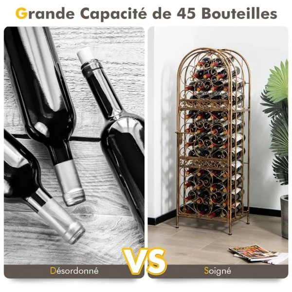 Casier à Vin Forgé sur Pied pour 45 Bouteilles avec Porte à Loquet 41,5 x 37 x 123 cm Pieds réglables Bronze Antique
