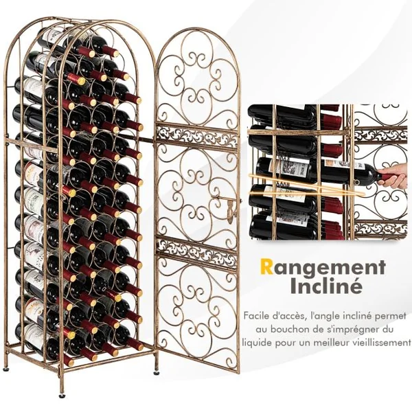Casier à Vin Forgé sur Pied pour 45 Bouteilles avec Porte à Loquet 41,5 x 37 x 123 cm Pieds réglables Bronze Antique