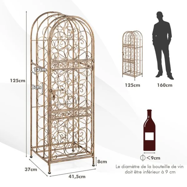 Casier à Vin Forgé sur Pied pour 45 Bouteilles avec Porte à Loquet 41,5 x 37 x 123 cm Pieds réglables Bronze Antique