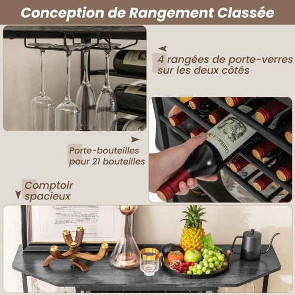 Casier à Vin Industriel à 3 Niveaux avec Étagères de Rangement Supports en Verre Casiers à Bouteilles Prises de Courant pour Salon Cuisine Café/Gris