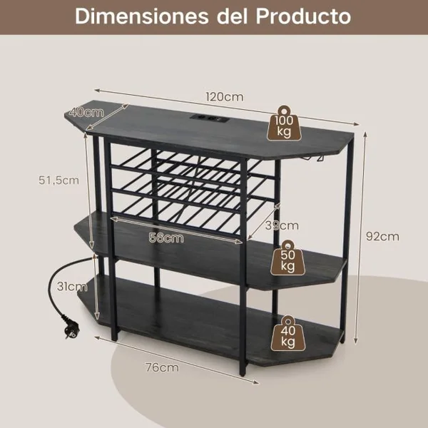 Casier à Vin Industriel à 3 Niveaux avec Étagères de Rangement Supports en Verre Casiers à Bouteilles Prises de Courant pour Salon Cuisine Café/Gris