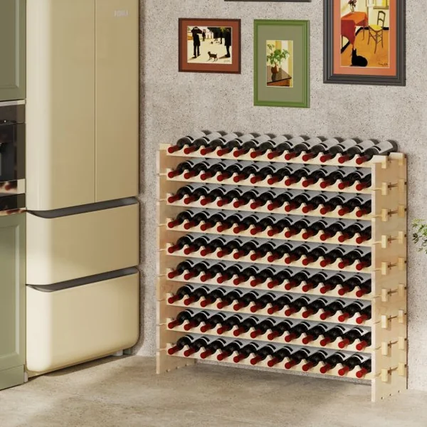 Casier à Vin Modulaire Empilable pour 108 Bouteilles Casier à Vin en Bois à 9 Niveaux Etagère de Présentation du Vin Autoportante Naturel