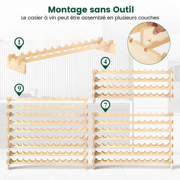 Casier à Vin Modulaire Empilable pour 108 Bouteilles Casier à Vin en Bois à 9 Niveaux Etagère de Présentation du Vin Autoportante Naturel