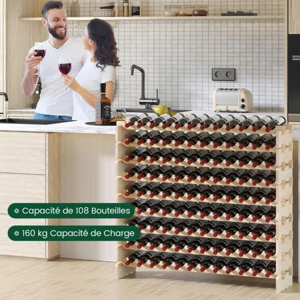 Casier à Vin Modulaire Empilable pour 108 Bouteilles Casier à Vin en Bois à 9 Niveaux Etagère de Présentation du Vin Autoportante Naturel