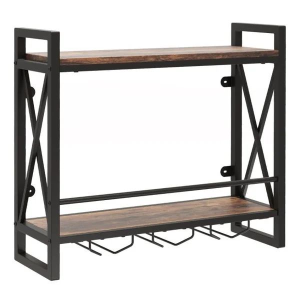 Casier à Vin Mural Industriel à 2 Niveaux avec Porte-gobelet en Métal Étagère de Rangement pour Cuisine Bar Salle à Manger