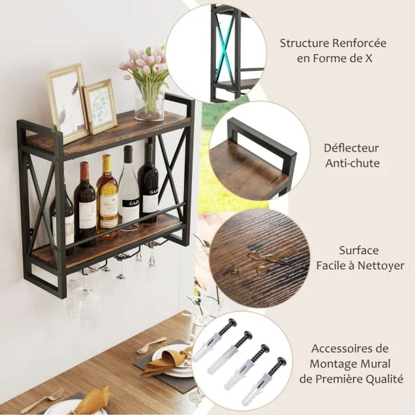 Casier à Vin Mural Industriel à 2 Niveaux avec Porte-gobelet en Métal Étagère de Rangement pour Cuisine Bar Salle à Manger