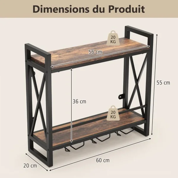 Casier à Vin Mural Industriel à 2 Niveaux avec Porte-gobelet en Métal Étagère de Rangement pour Cuisine Bar Salle à Manger