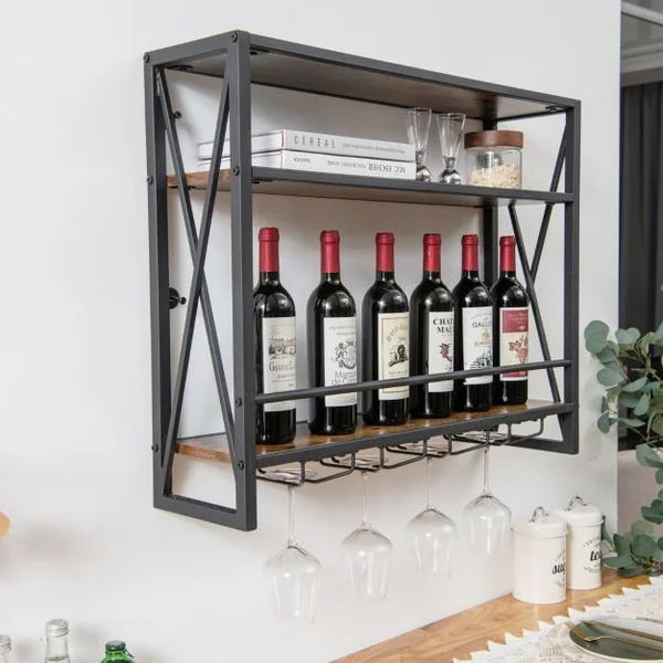 Casier à Vin Mural Industriel à 3 Niveaux avec Porte-gobelet en Métal Étagère de Rangement pour Cuisine Bar Salle à Manger