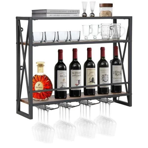 Casier à Vin Mural Industriel à 3 Niveaux avec Porte-gobelet en Métal Étagère de Rangement pour Cuisine Bar Salle à Manger