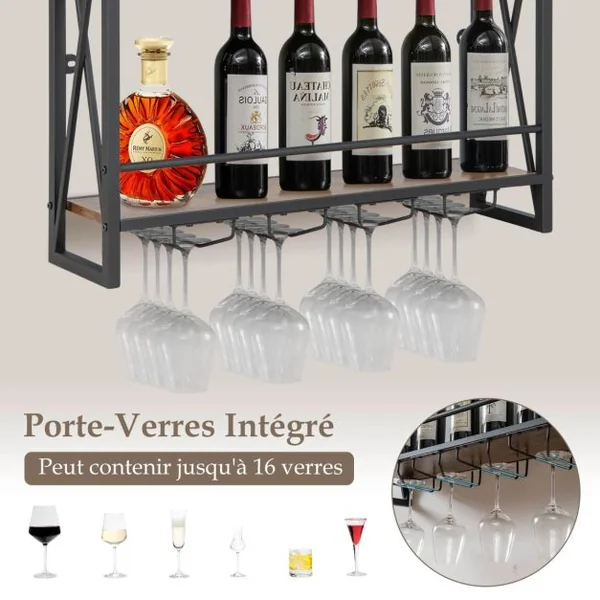 Casier à Vin Mural Industriel à 3 Niveaux avec Porte-gobelet en Métal Étagère de Rangement pour Cuisine Bar Salle à Manger