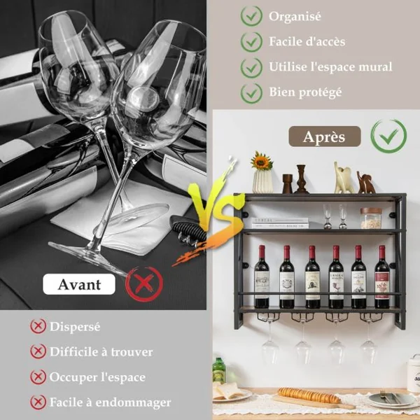 Casier à Vin Mural Industriel à 3 Niveaux avec Porte-gobelet en Métal Étagère de Rangement pour Cuisine Bar Salle à Manger
