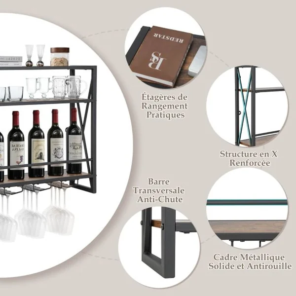 Casier à Vin Mural Industriel à 3 Niveaux avec Porte-gobelet en Métal Étagère de Rangement pour Cuisine Bar Salle à Manger